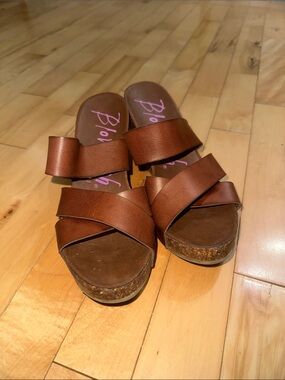 Blowfish Tan/Brown Crossband Cork Platform Slide Sandals